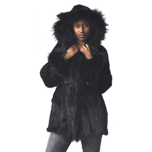 Winter Fur Ladies Black Genuine Knitted Mink 3/4 Coat With Raccoon Trimmings And Hood W09KQ03